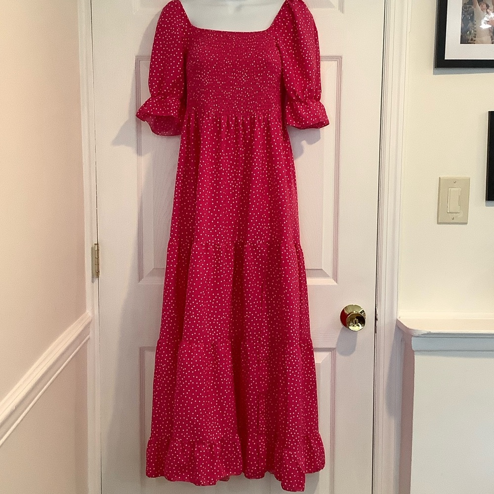Women’s Pink Polkadot Smocked Summer Wedding Guest Garden Party Maxi Dress M